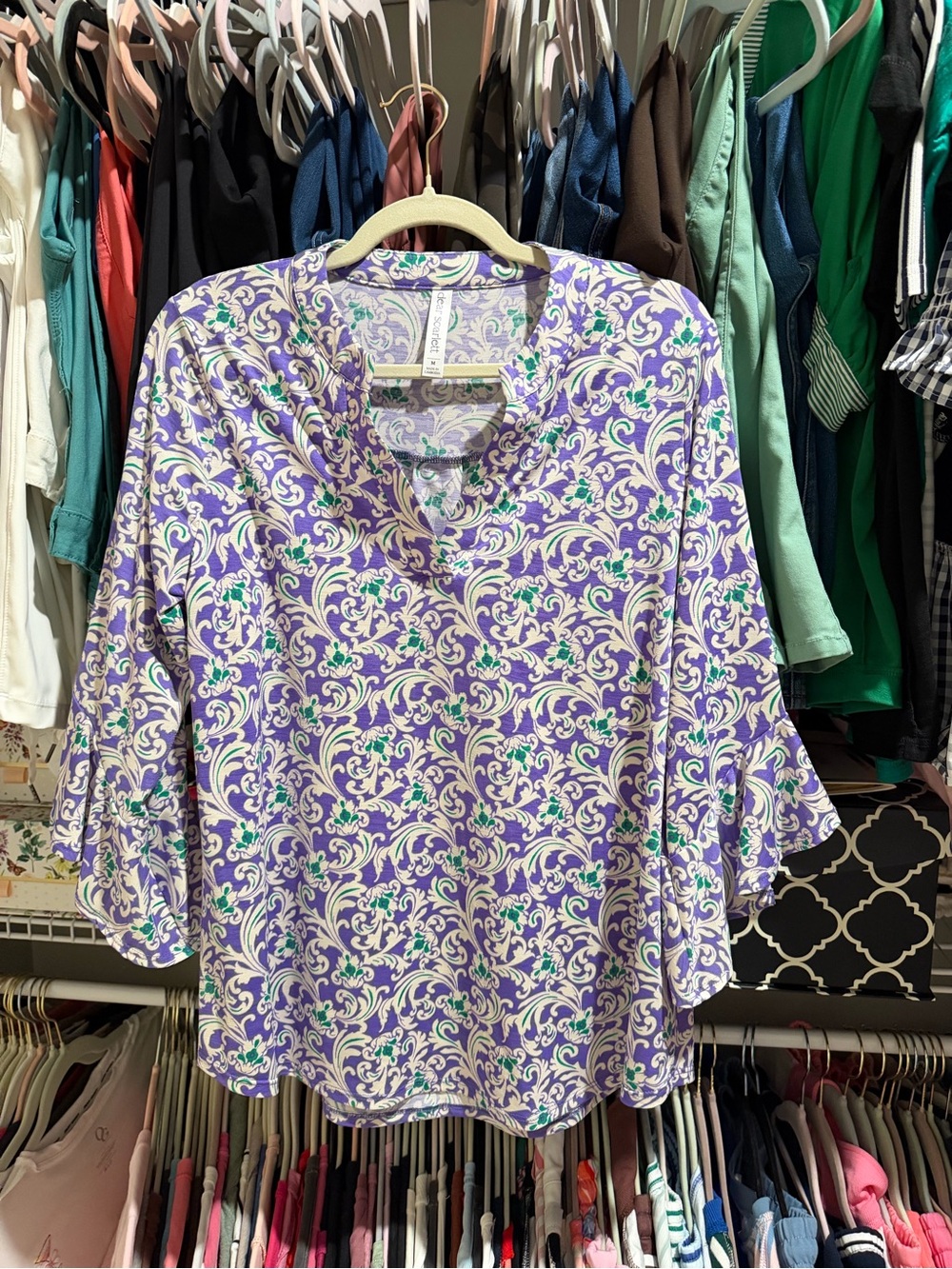 Purple Scroll-Print V-Neck Blouse with Green Accents